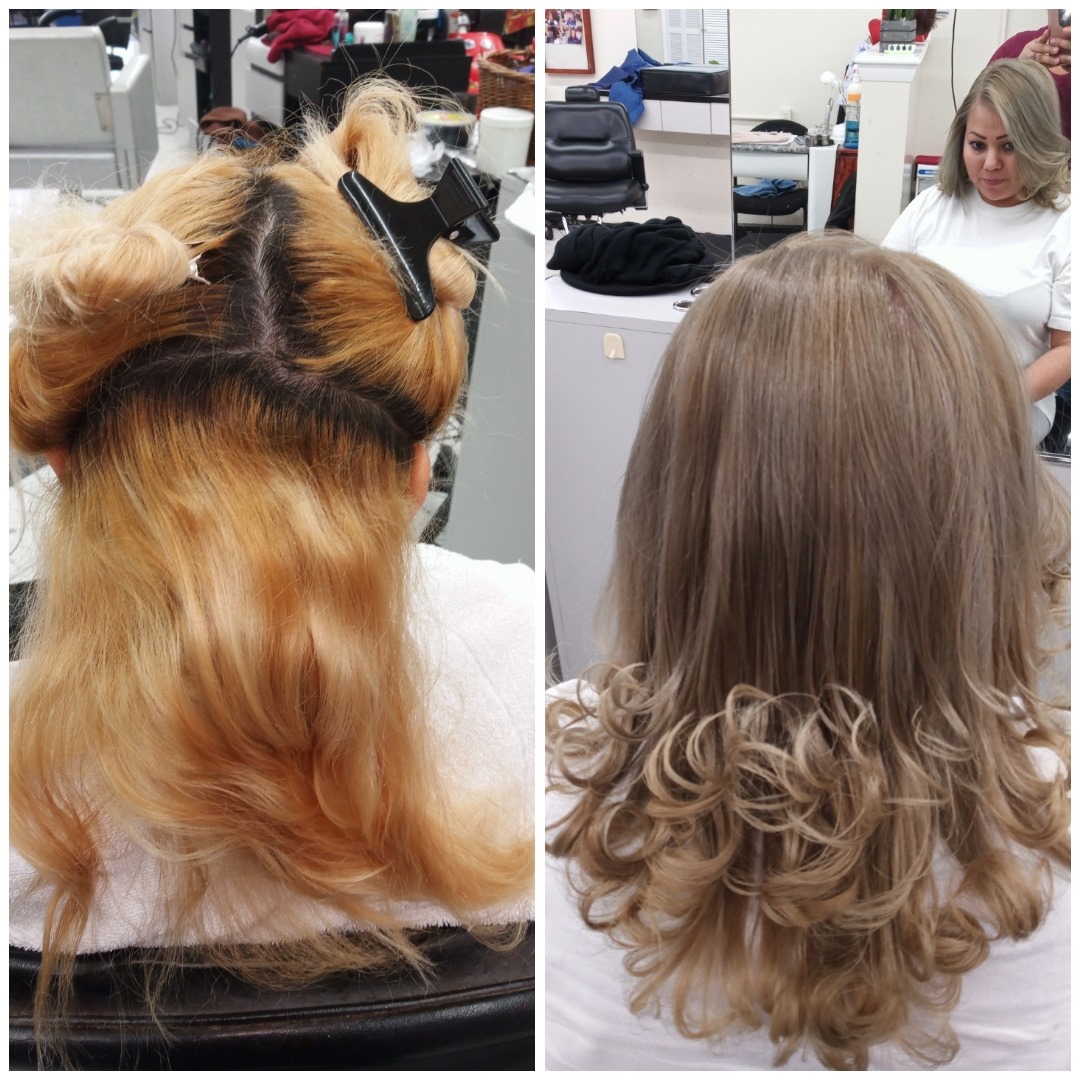 Before and after Dominican blowout hair transformation showing damaged hair to smooth styled curls in Crofton, MD